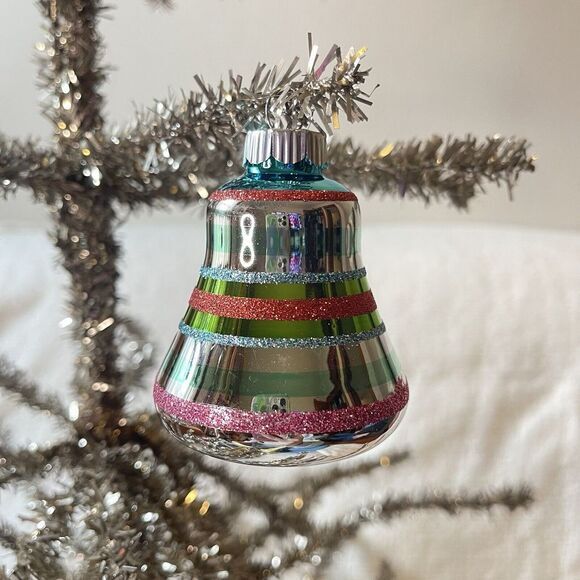 Radko Shiny Brite Glitter Striped Ornament Indent Bell Pink Teal‎ Red Green Mcm - Picture 1 of 3